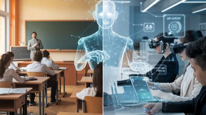 Glowing human figure with technology icons illustration