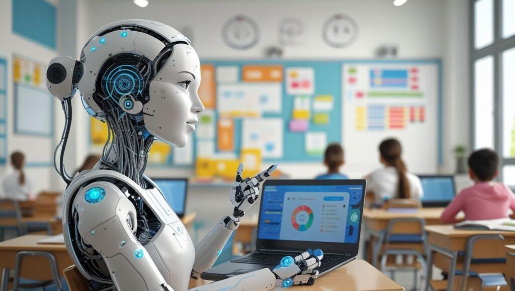 Humanoid robot standing in a classroom environment