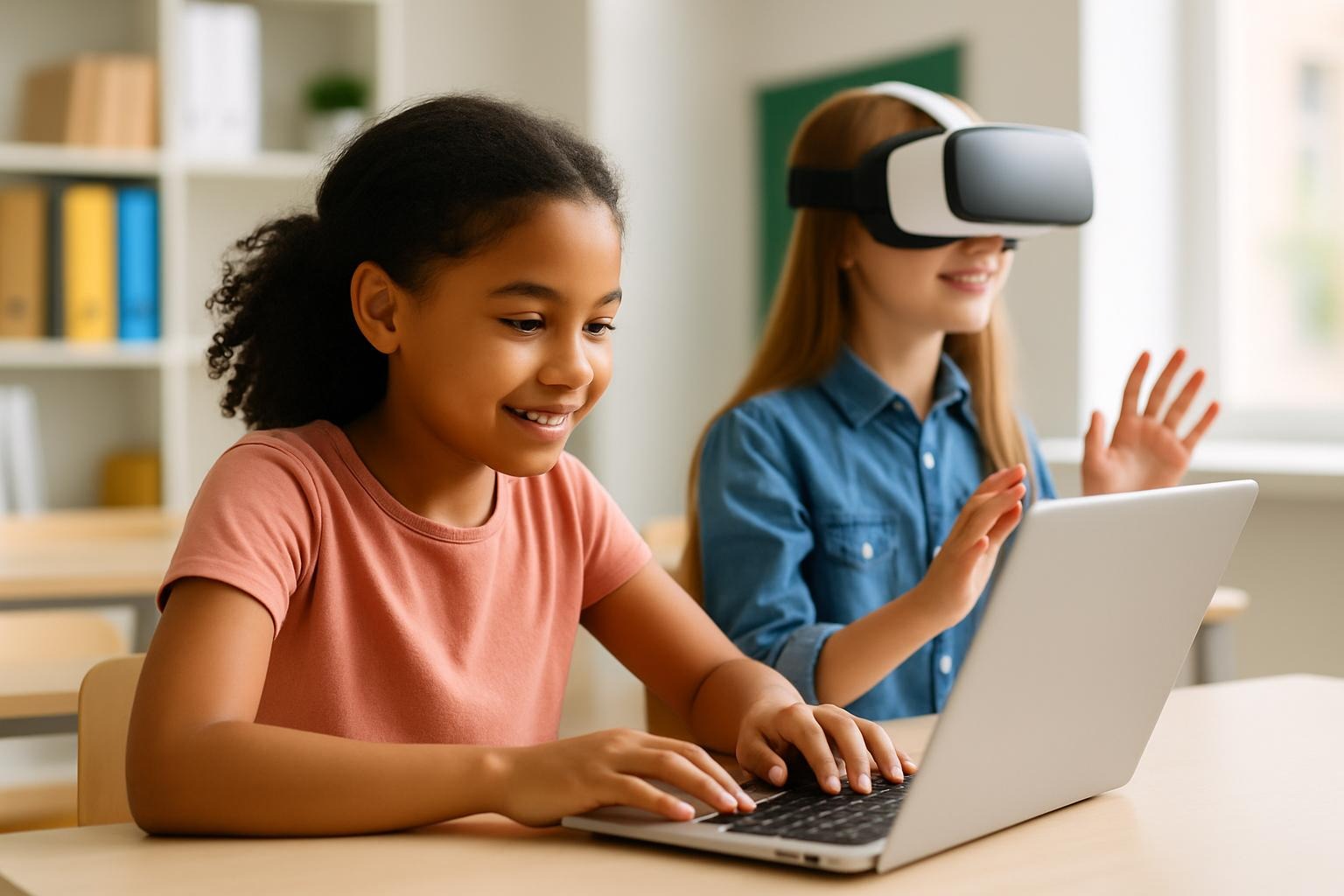 Young girl using a VR headset in a classroom