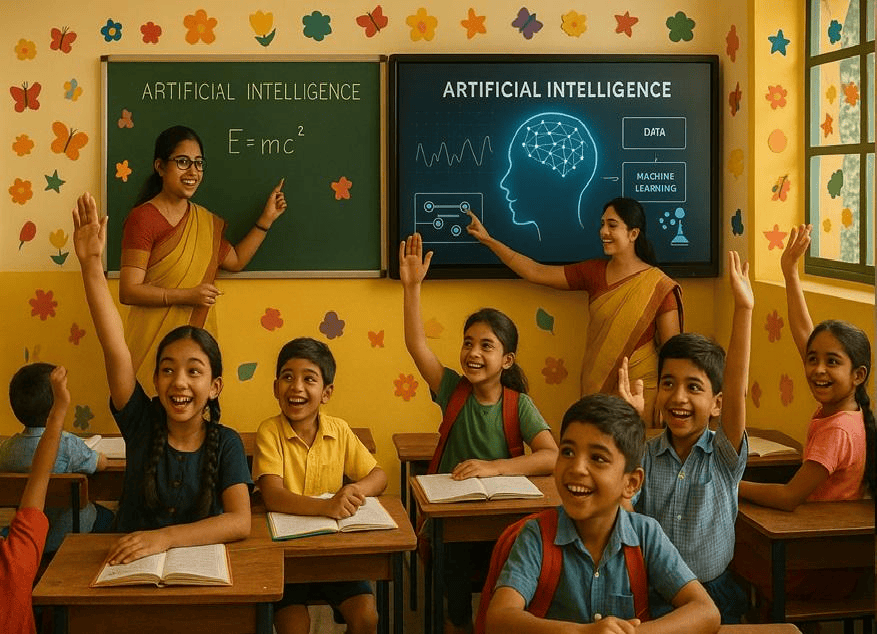 Students learning about Artificial Intelligence with a chalkboard display