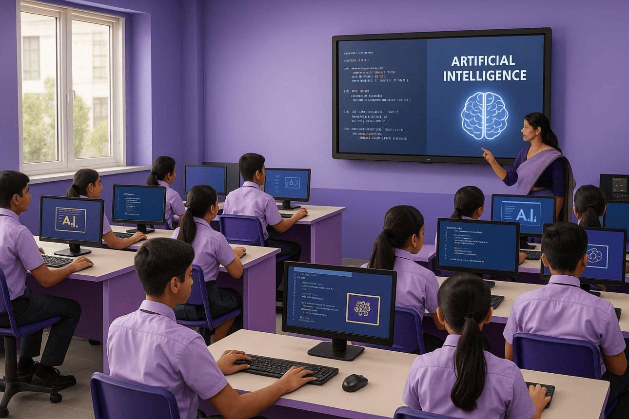 Students sitting in a colorful classroom with AI content on screens