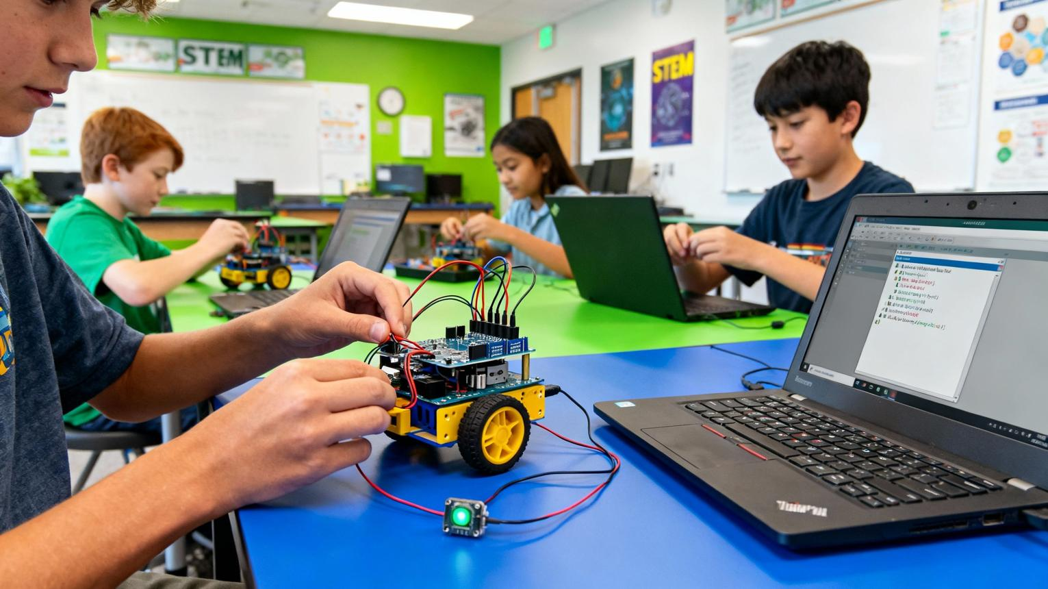 Student building and programming a robotics project