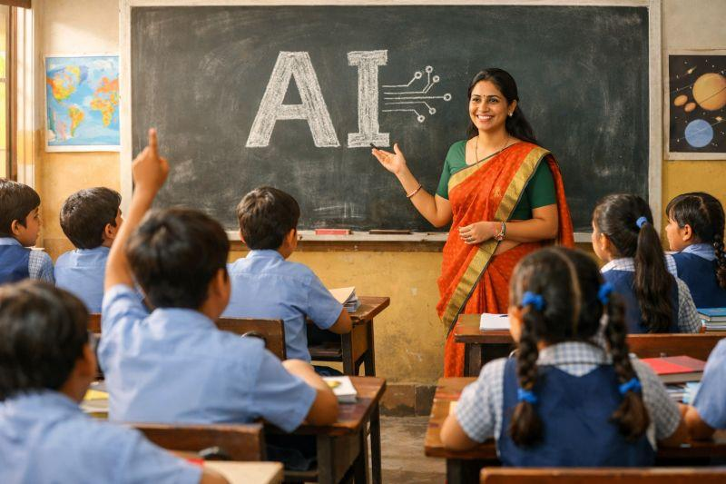 Teacher in traditional Indian attire presenting AI content to students