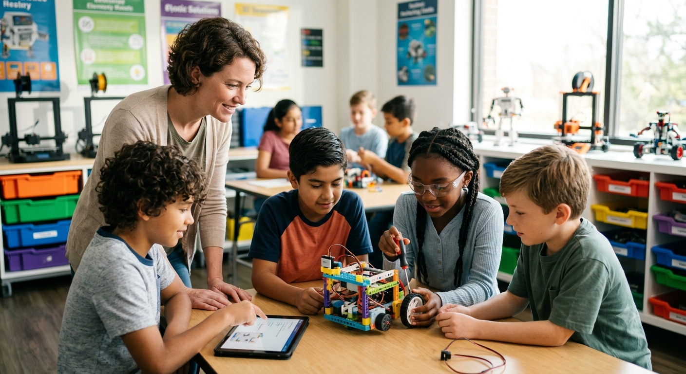 Students learning robotics through hands-on STEM education
